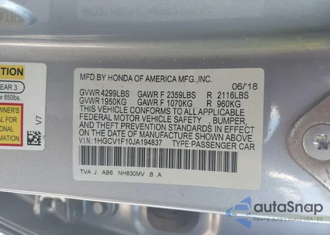 2018 Honda Accord Lx z USA, uszkodzony, nr VIN 1HGCV1F10JA194837